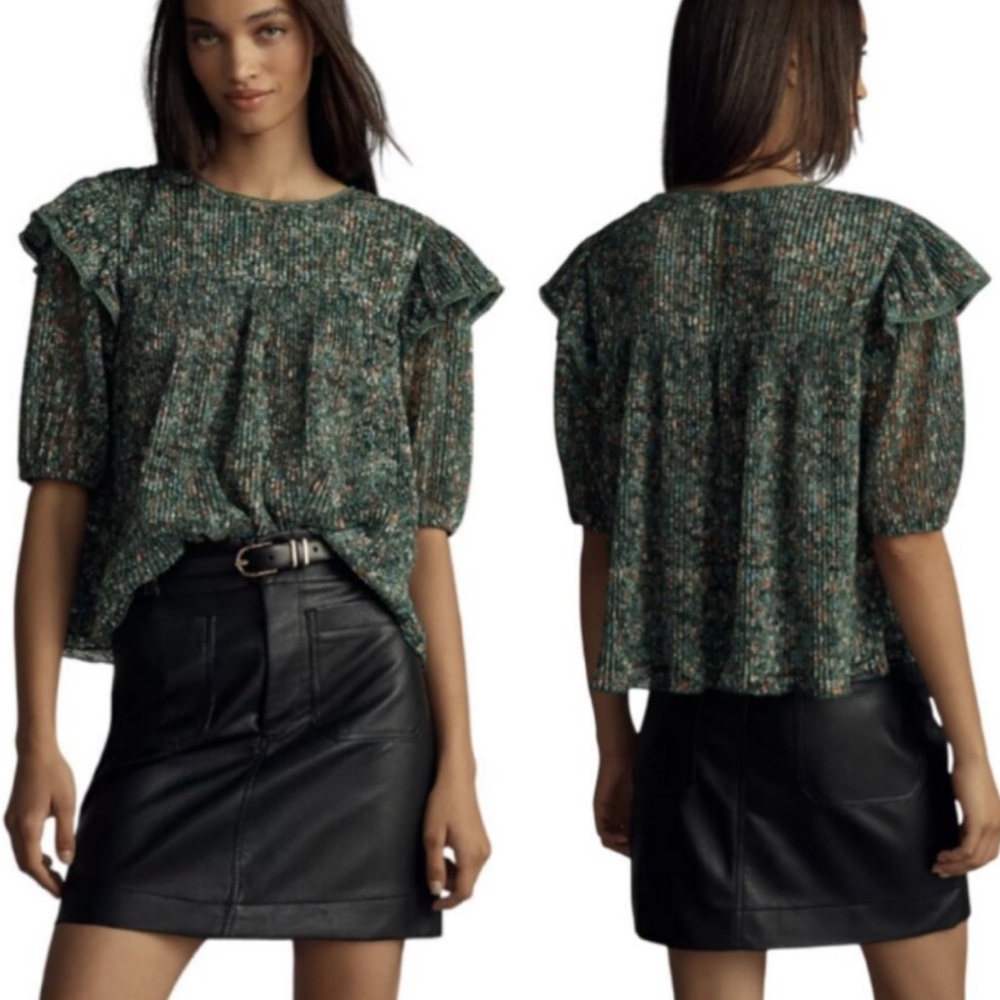 NEW Anthropologie Porridge Green Floral Print Lace Pleated Crew Neck Blouse - XS